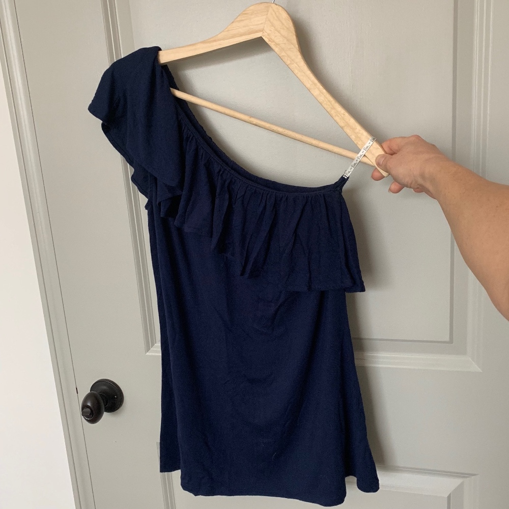 Lilly Pulitzer Navy One Sleeve Ruffle Top